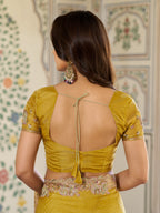 Mustard Yellow Fendy Satin Embroidered Saree with Elephant Motifs & Zari Border | Designer Festive Saree with Tassels & Heavy Embroidered Blouse