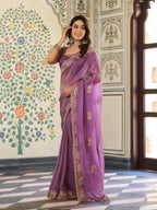 Lavender Purple Fendy Satin Embroidered Saree with Elephant Motifs & Zari Border | Designer Festive Wear Saree with Tassels & Heavy Embroidered Blouse