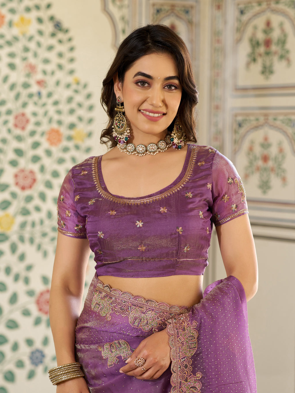 Lavender Purple Fendy Satin Embroidered Saree with Elephant Motifs & Zari Border | Designer Festive Wear Saree with Tassels & Heavy Embroidered Blouse