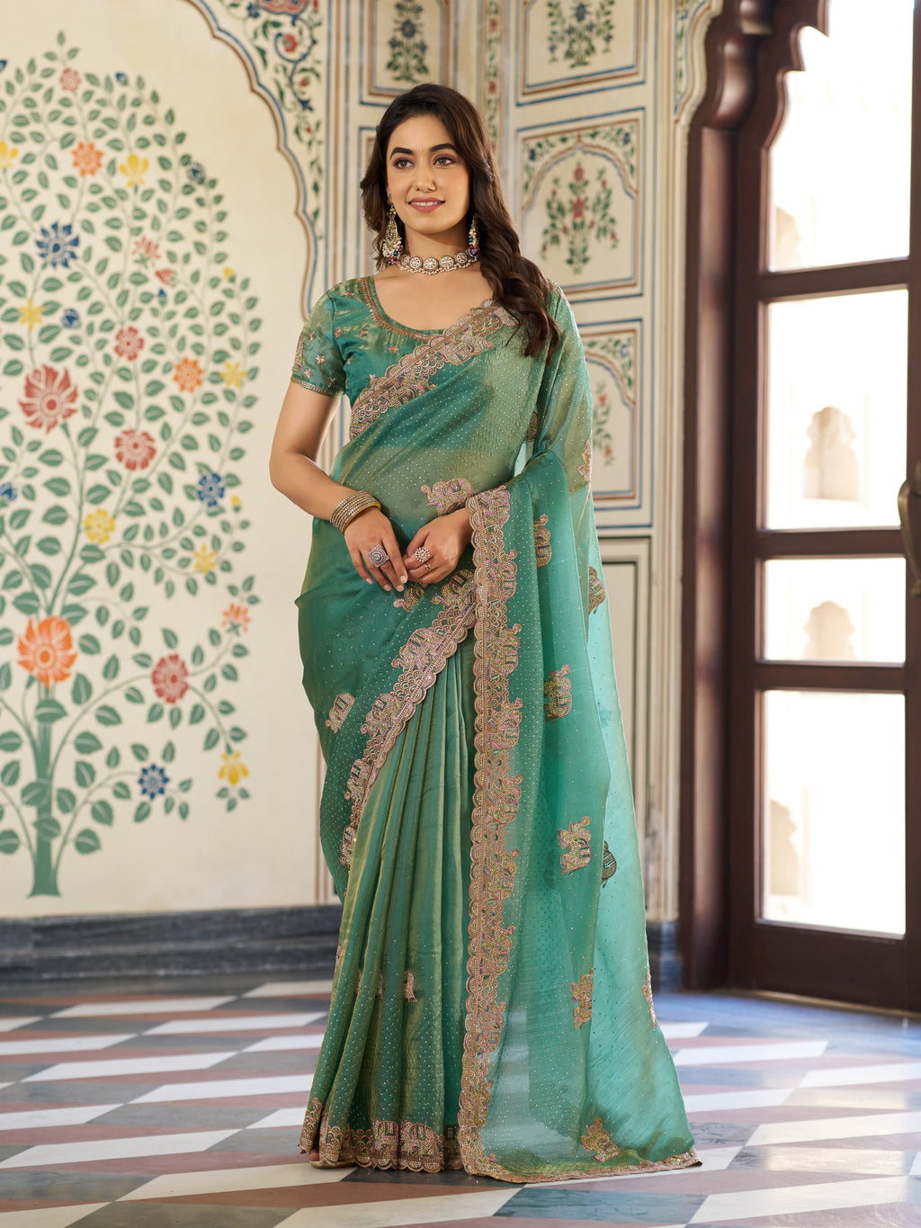 Sea Green Fendy Satin Embroidered Saree with Elephant Motifs & Heavy Zari Border | Designer Festive Wear Saree with Tassels & Embroidered Blouse