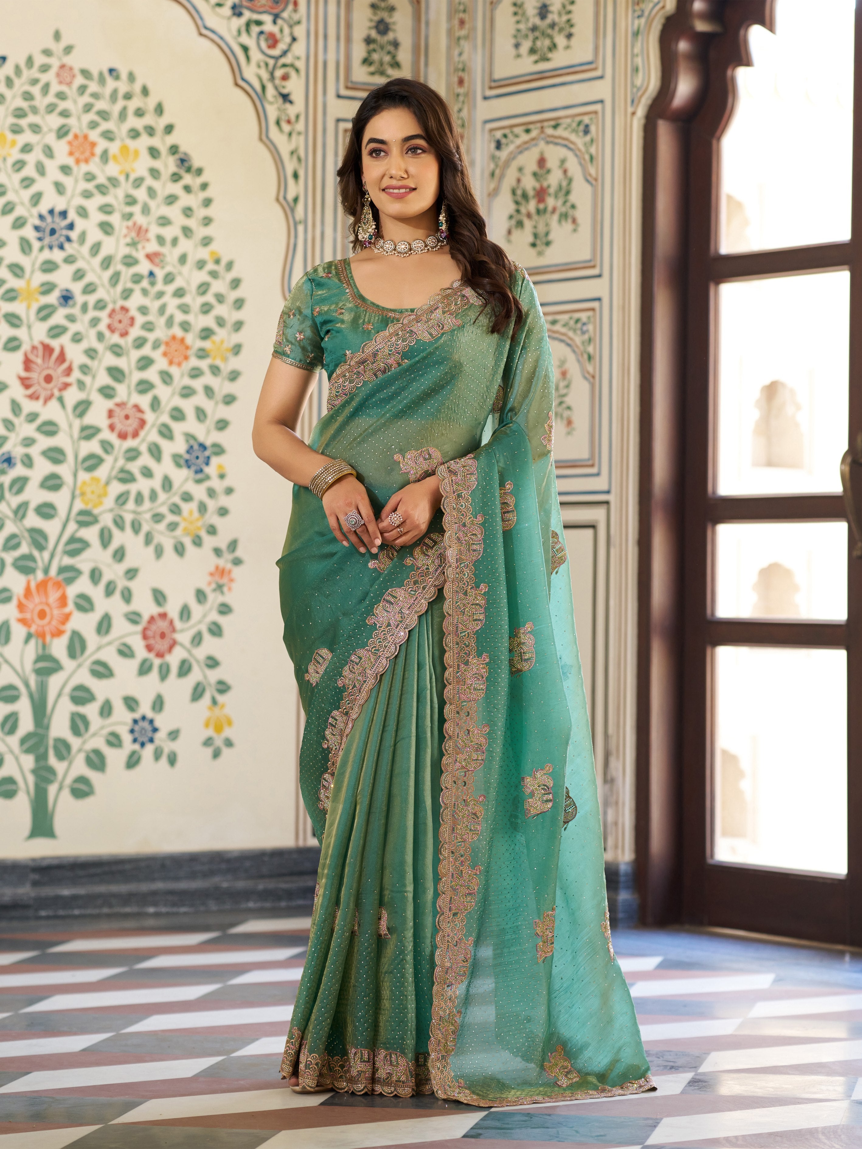 Sea Green Fendy Satin Embroidered Saree with Elephant Motifs & Heavy Zari Border | Designer Festive Wear Saree with Tassels & Embroidered Blouse