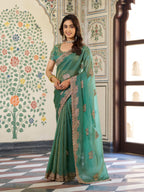 Sea Green Fendy Satin Embroidered Saree with Elephant Motifs & Heavy Zari Border | Designer Festive Wear Saree with Tassels & Embroidered Blouse