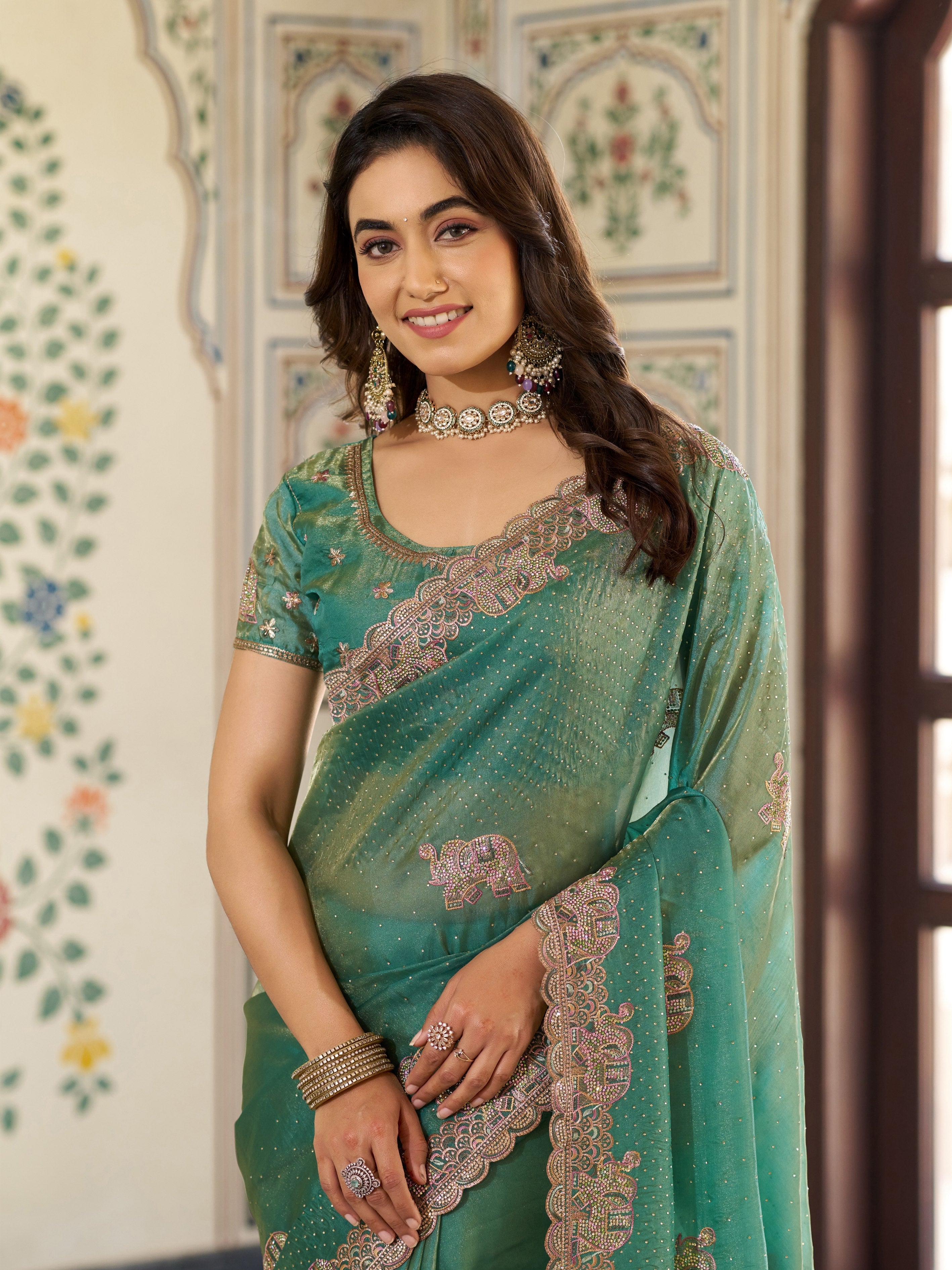 Sea Green Fendy Satin Embroidered Saree with Elephant Motifs & Heavy Zari Border | Designer Festive Wear Saree with Tassels & Embroidered Blouse