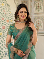 Sea Green Fendy Satin Embroidered Saree with Elephant Motifs & Heavy Zari Border | Designer Festive Wear Saree with Tassels & Embroidered Blouse