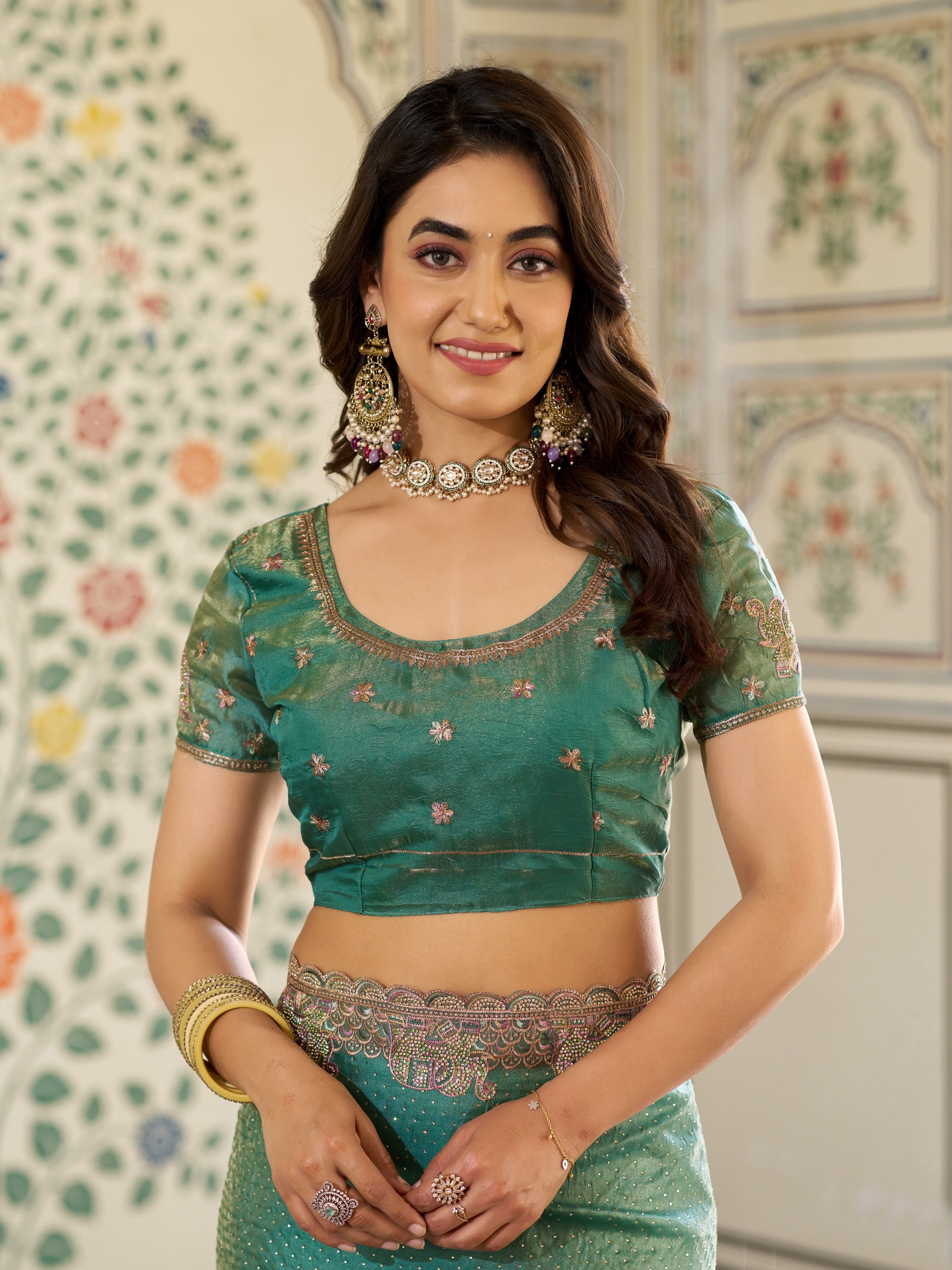 Sea Green Fendy Satin Embroidered Saree with Elephant Motifs & Heavy Zari Border | Designer Festive Wear Saree with Tassels & Embroidered Blouse