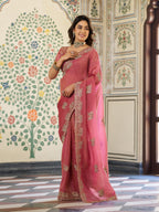 Dusty Rose Pink Fendy Satin Embroidered Saree with Elephant Motifs & Zari Border | Designer Festive Saree with Tassels & Heavy Embroidered Blouse
