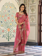 Dusty Rose Pink Fendy Satin Embroidered Saree with Elephant Motifs & Zari Border | Designer Festive Saree with Tassels & Heavy Embroidered Blouse