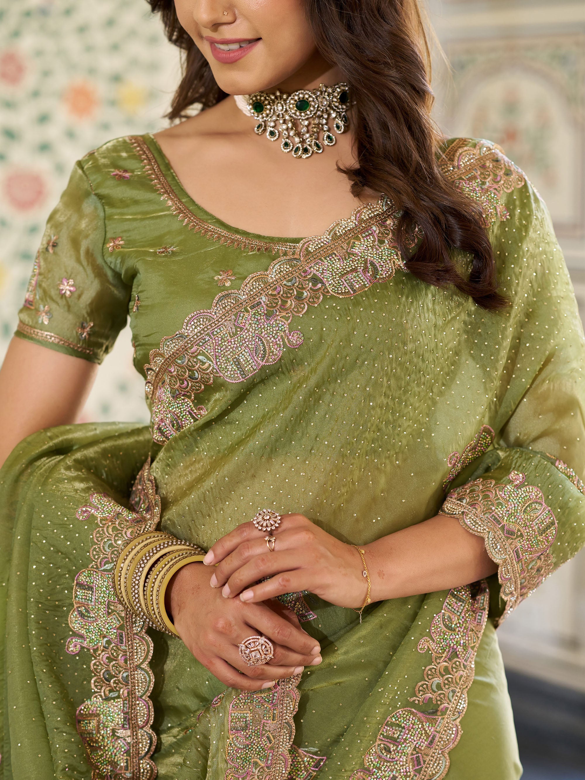 Olive Green Fendy Satin Embroidered Saree with Elephant Motifs & Zari Border | Designer Festive Saree with Tassels & Heavy Embroidered Blouse