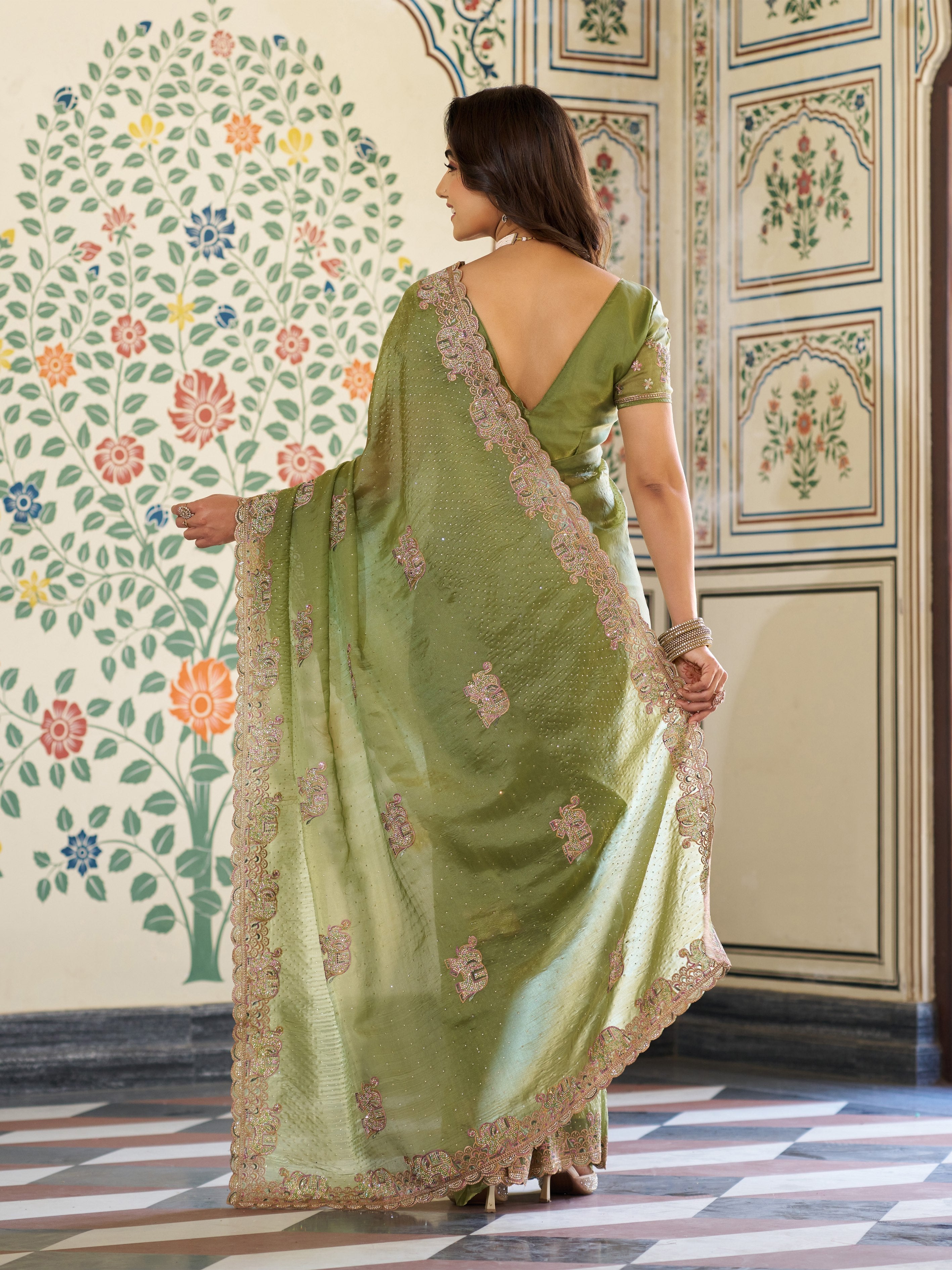 Olive Green Fendy Satin Embroidered Saree with Elephant Motifs & Zari Border | Designer Festive Saree with Tassels & Heavy Embroidered Blouse