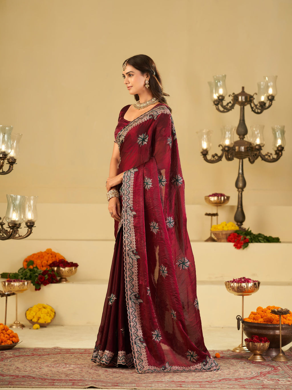 Wine Designer Fendy Satin Saree with Heavy Embroidered Border | Premium Festive Party Wear Saree with Floral Embroidery & Matching Blouse