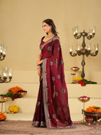 Wine Designer Fendy Satin Saree with Heavy Embroidered Border | Premium Festive Party Wear Saree with Floral Embroidery & Matching Blouse