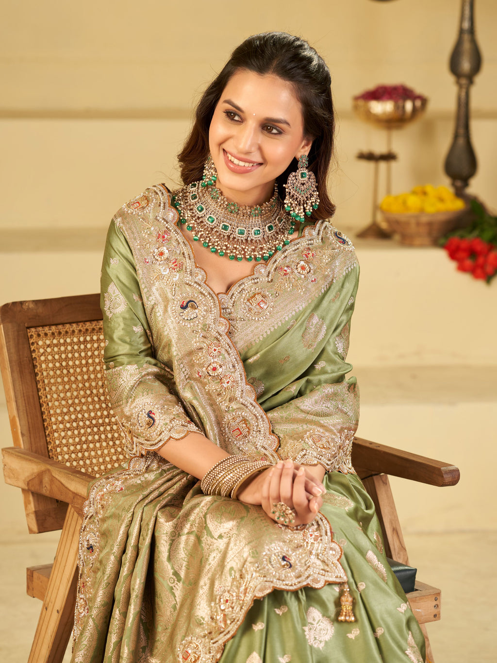 Pastel Green Banarasi Silk Saree with Heavy Embroidered Scallop Border & Rich Zari Woven Pallu | Designer Wedding Festive Saree