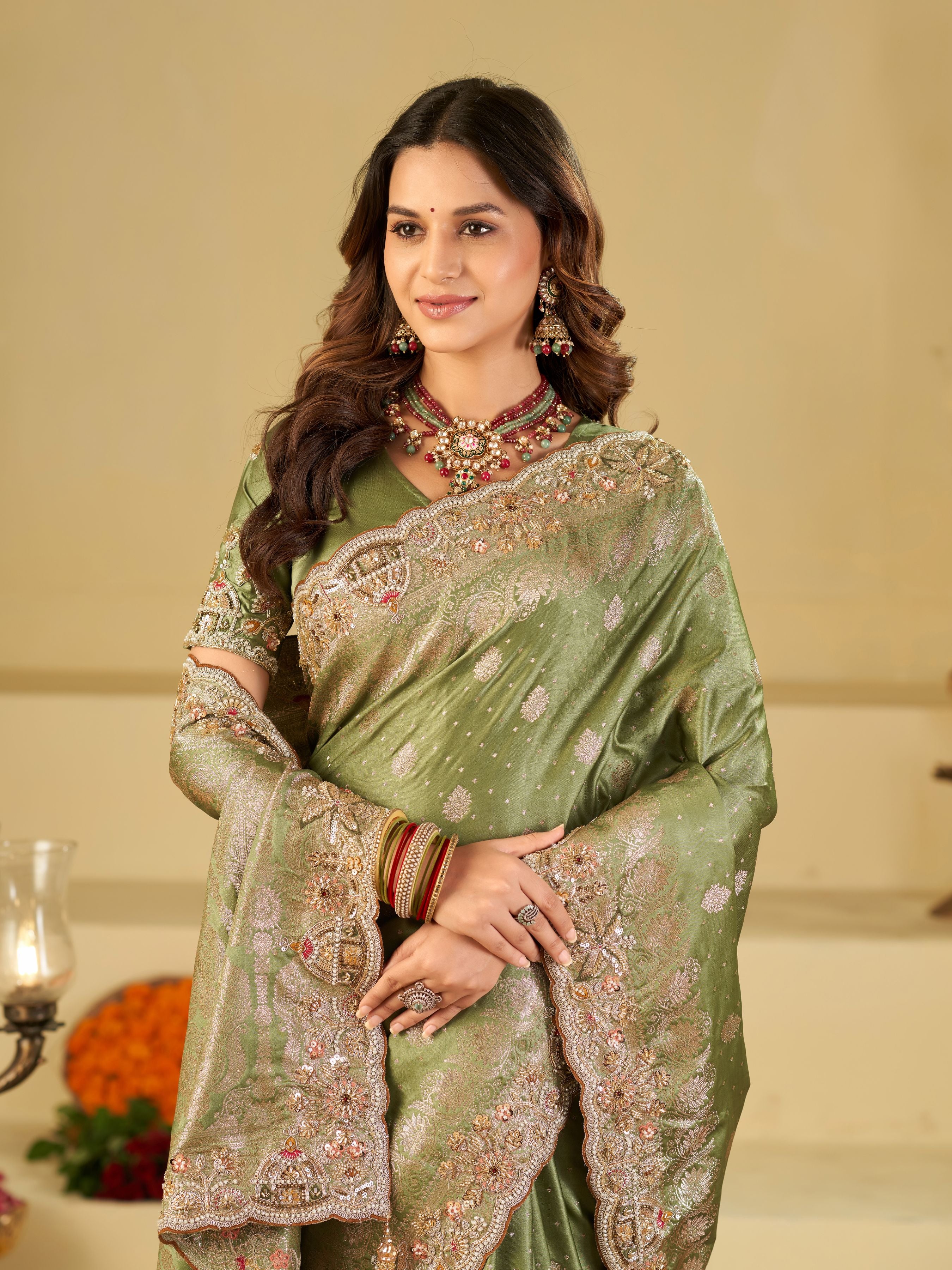 Pista Green Banarasi Silk Saree with Heavy Embroidered Border & Rich Zari Woven Pallu | Designer Wedding Festive Saree