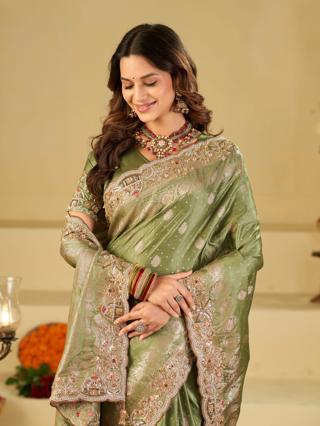 Pista Green Banarasi Silk Saree with Heavy Embroidered Border & Rich Zari Woven Pallu | Designer Wedding Festive Saree