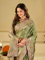 Pista Green Banarasi Silk Saree with Heavy Embroidered Border & Rich Zari Woven Pallu | Designer Wedding Festive Saree