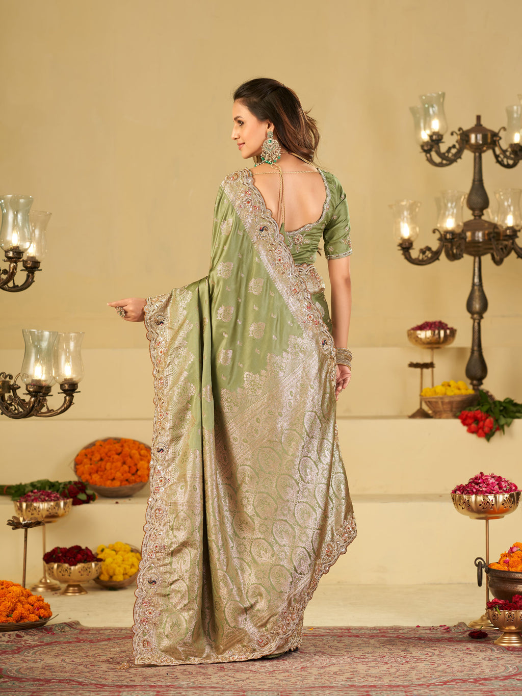 Pastel Green Banarasi Silk Saree with Heavy Embroidered Scallop Border & Rich Zari Woven Pallu | Designer Wedding Festive Saree