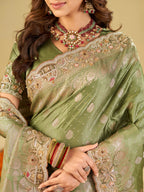 Pista Green Banarasi Silk Saree with Heavy Embroidered Border & Rich Zari Woven Pallu | Designer Wedding Festive Saree