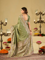 Pista Green Banarasi Silk Saree with Heavy Embroidered Border & Rich Zari Woven Pallu | Designer Wedding Festive Saree