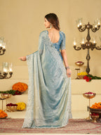 Sky Blue Fendy Satin Saree with White Floral Embroidery Border | Elegant Designer Party Wear Saree with Blouse