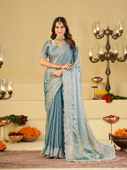 Sky Blue Fendy Satin Saree with White Floral Embroidery Border | Elegant Designer Party Wear Saree with Blouse