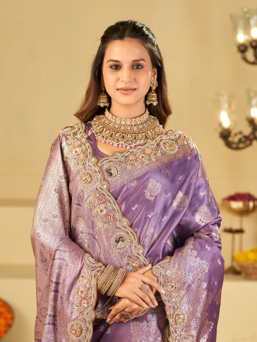Lavender Purple Banarasi Silk Saree with Heavy Embroidered Border & Rich Zari Woven Pallu | Designer Wedding Festive Saree