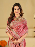 Rose Pink Banarasi Silk Saree with Heavy Embroidered Border & Rich Zari Woven Pallu | Designer Wedding Festive Saree