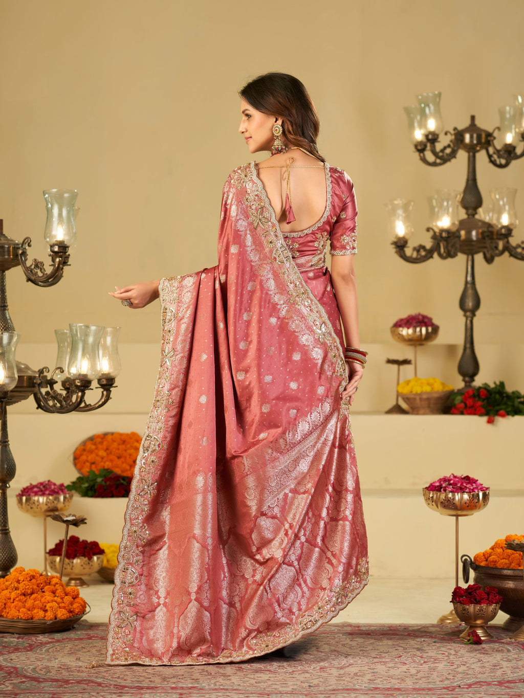 Rose Pink Banarasi Silk Saree with Heavy Embroidered Border & Rich Zari Woven Pallu | Designer Wedding Festive Saree