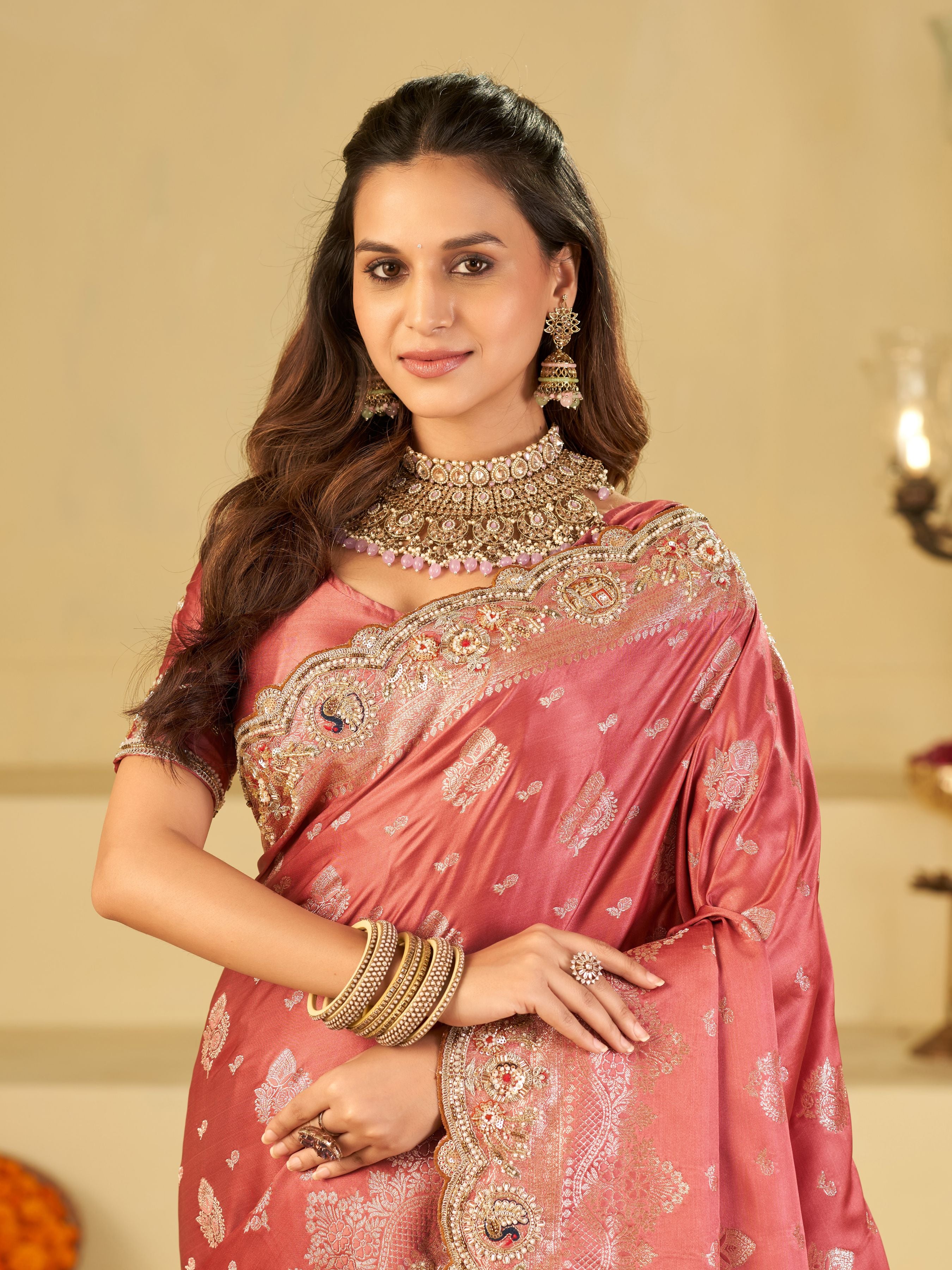 Dusty Rose Pink Banarasi Silk Saree with Heavy Embroidered Scallop Border & Rich Zari Woven Pallu | Designer Wedding Festive Saree