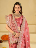 Dusty Rose Pink Banarasi Silk Saree with Heavy Embroidered Scallop Border & Rich Zari Woven Pallu | Designer Wedding Festive Saree