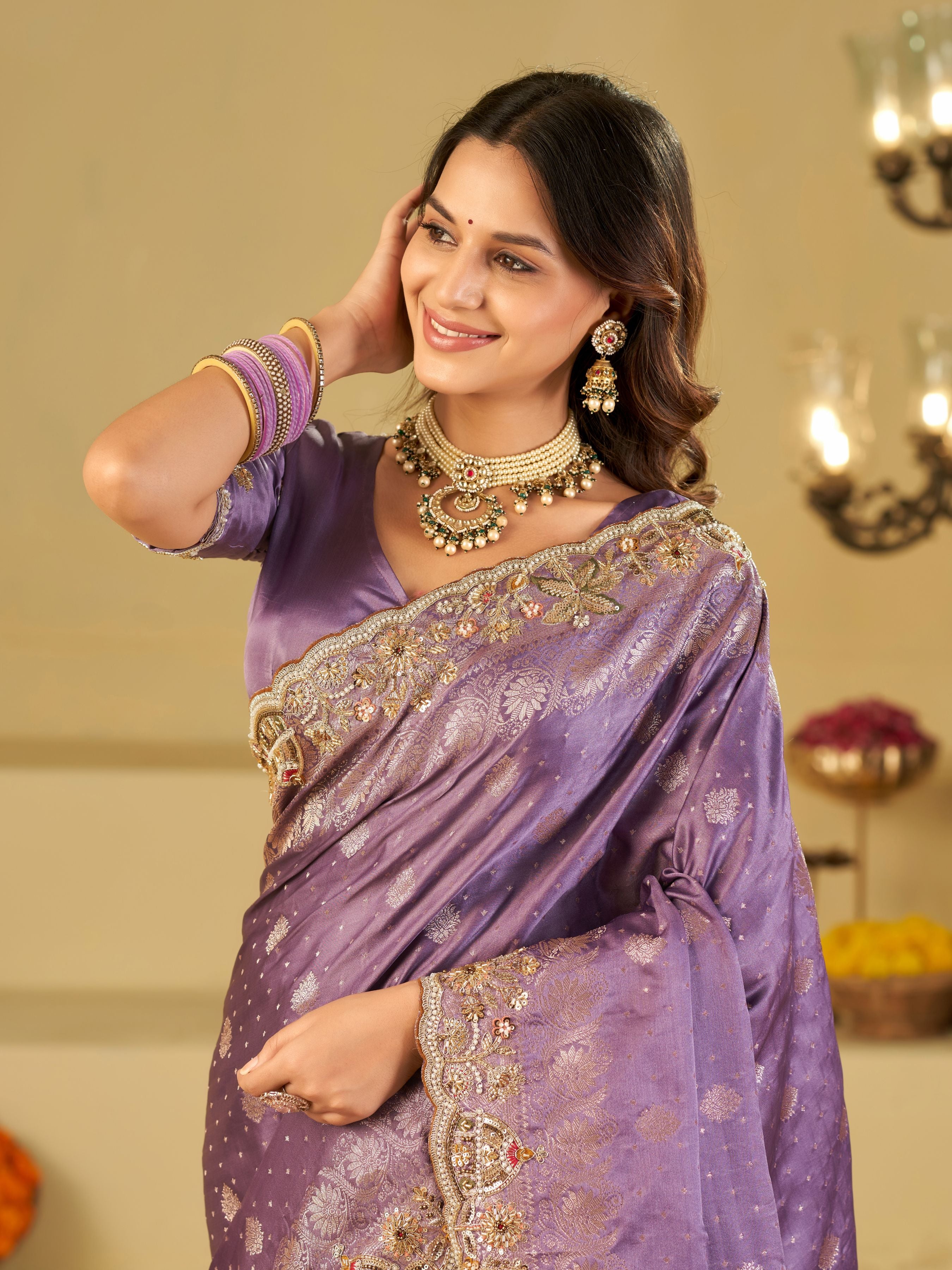 Lavender Banarasi Silk Saree with Heavy Embroidered Border & Rich Zari Woven Pallu | Designer Festive Wedding Saree