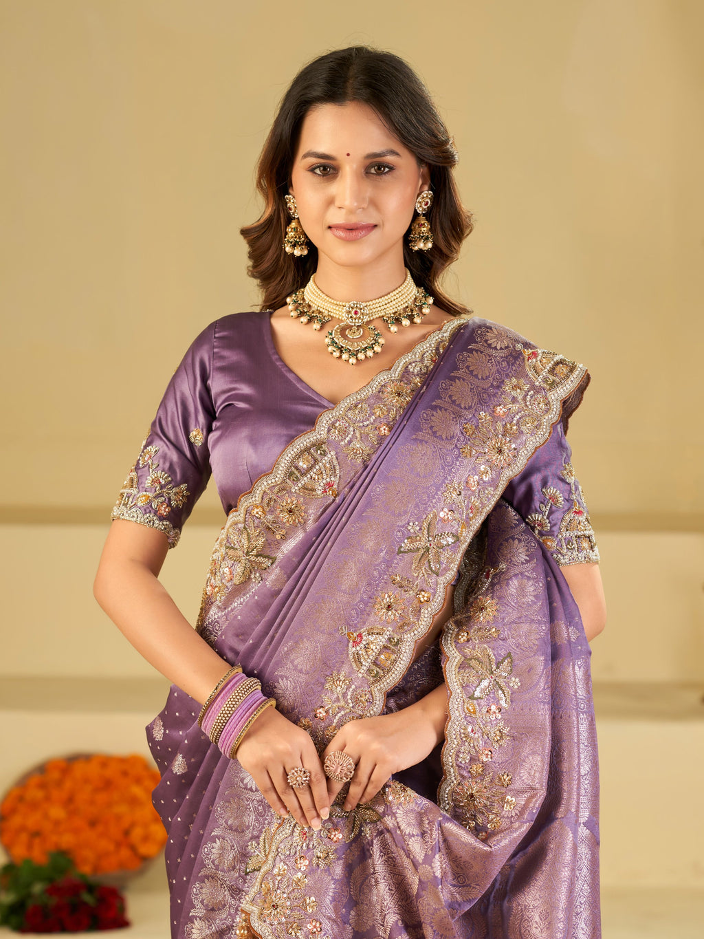 Lavender Banarasi Silk Saree with Heavy Embroidered Border & Rich Zari Woven Pallu | Designer Festive Wedding Saree