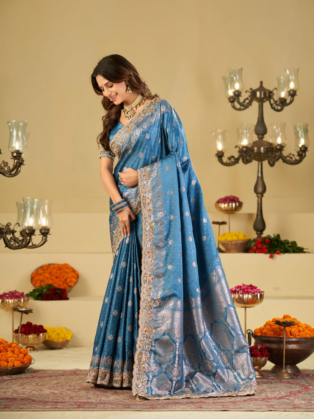 Royal Blue Banarasi Silk Saree with Heavy Embroidered Border & Rich Zari Woven Pallu | Designer Wedding Festive Saree