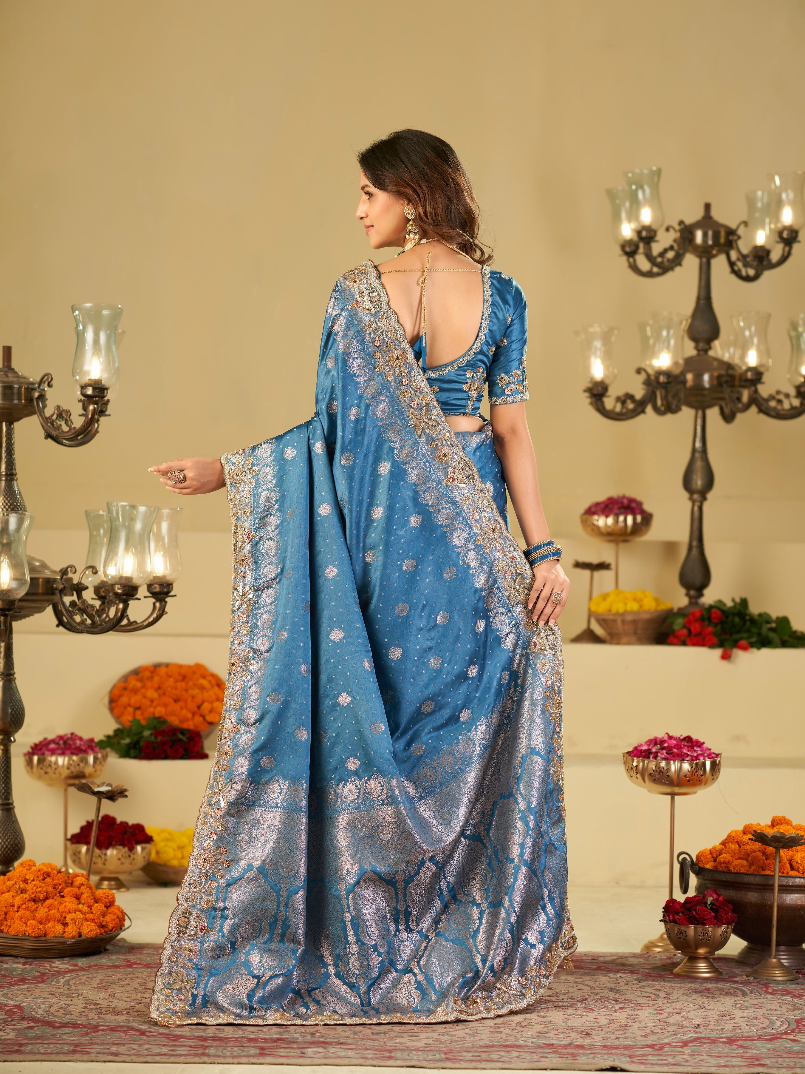 Royal Blue Banarasi Silk Saree with Heavy Embroidered Border & Rich Zari Woven Pallu | Designer Wedding Festive Saree