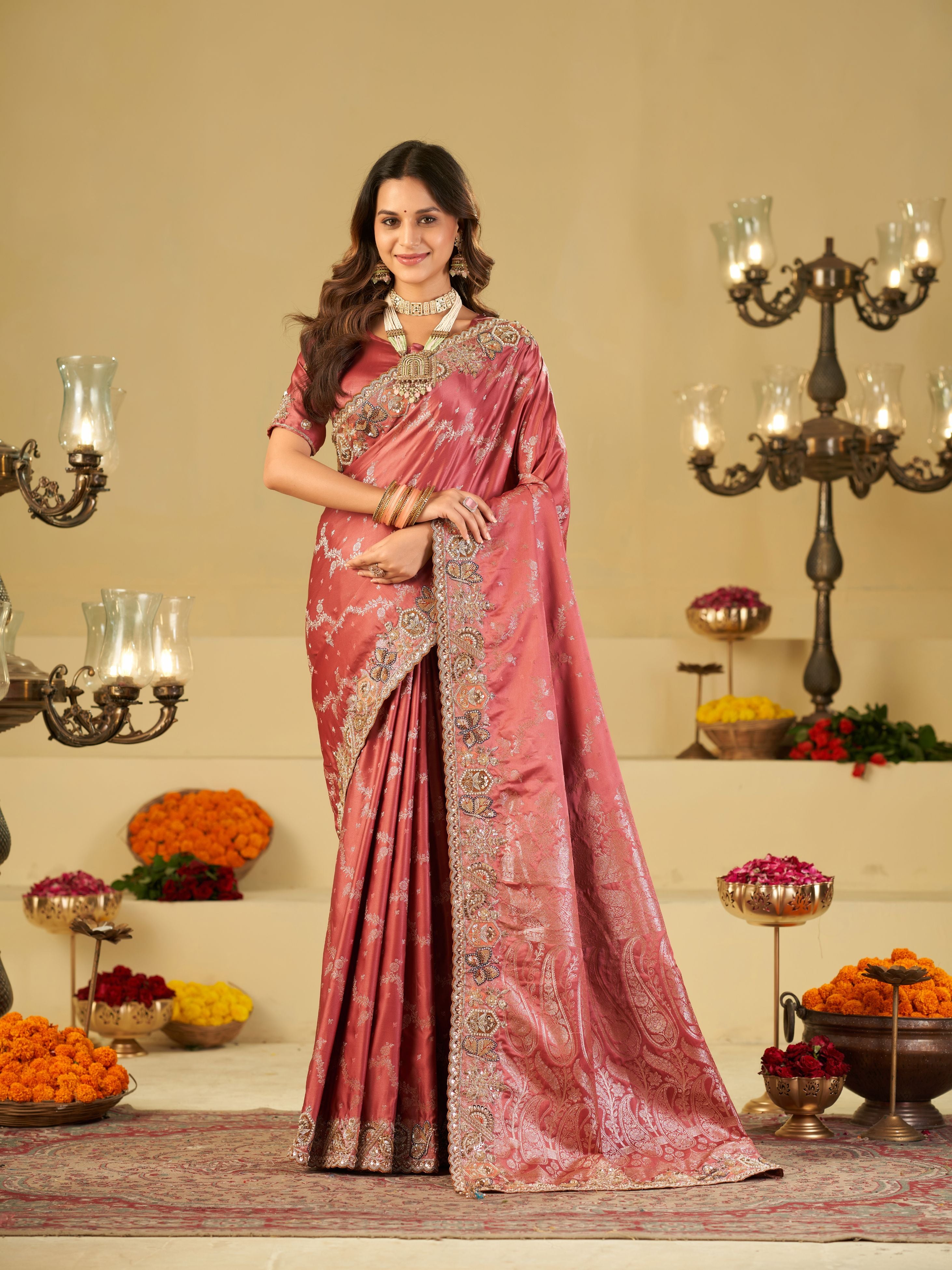 Rose Pink Banarasi Silk Saree with Heavy Embroidered Border & Rich Zari Woven Pallu | Designer Festive Wedding Saree