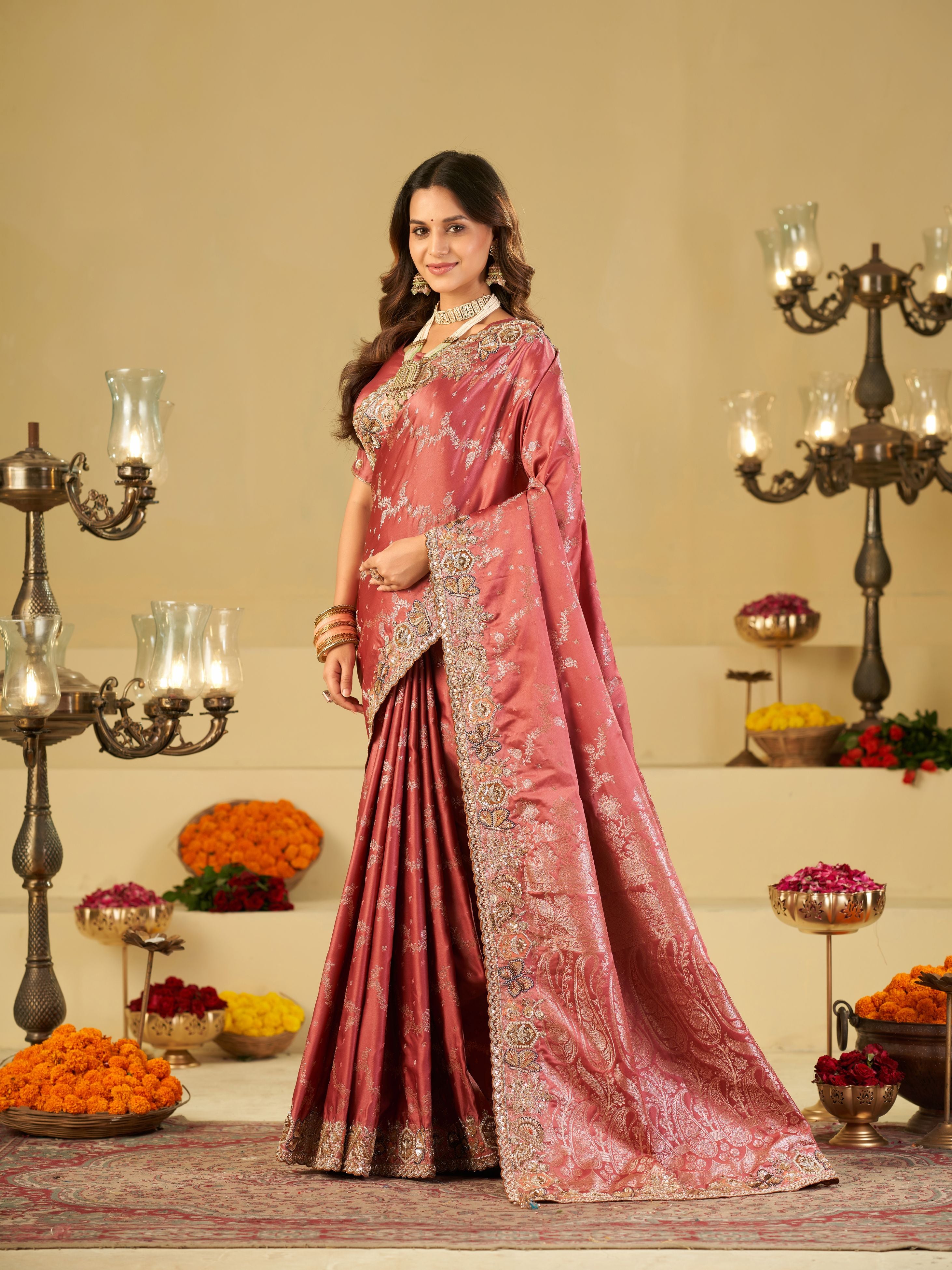 Rose Pink Banarasi Silk Saree with Heavy Embroidered Border & Rich Zari Woven Pallu | Designer Festive Wedding Saree