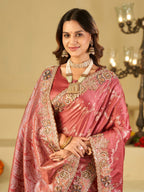 Rose Pink Banarasi Silk Saree with Heavy Embroidered Border & Rich Zari Woven Pallu | Designer Festive Wedding Saree