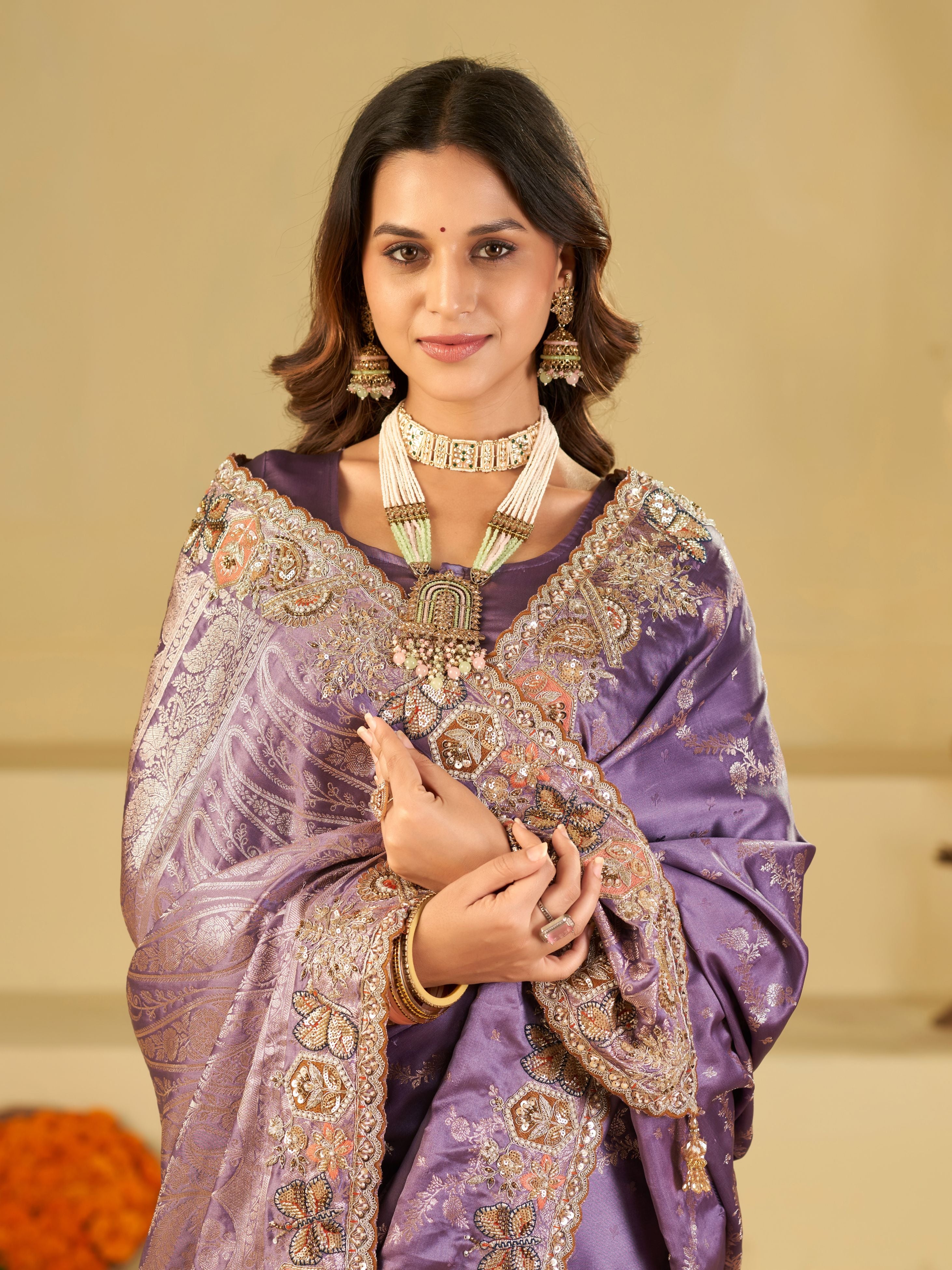 Lavender Purple Banarasi Silk Saree with Heavy Embroidered Border & Rich Zari Woven Pallu | Designer Festive Wedding Saree