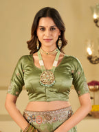 Olive Green Banarasi Silk Saree with Heavy Embroidered Border & Rich Zari Woven Pallu | Designer Wedding & Festive Saree