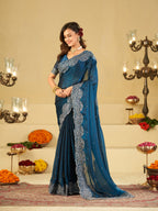 Royal Blue Fendy Satin Saree with White Floral Embroidery Border | Elegant Designer Party Wear Saree with Blouse