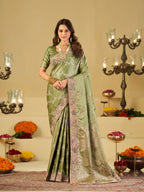Olive Green Banarasi Silk Saree with Heavy Embroidered Border & Rich Zari Woven Pallu | Designer Wedding & Festive Saree