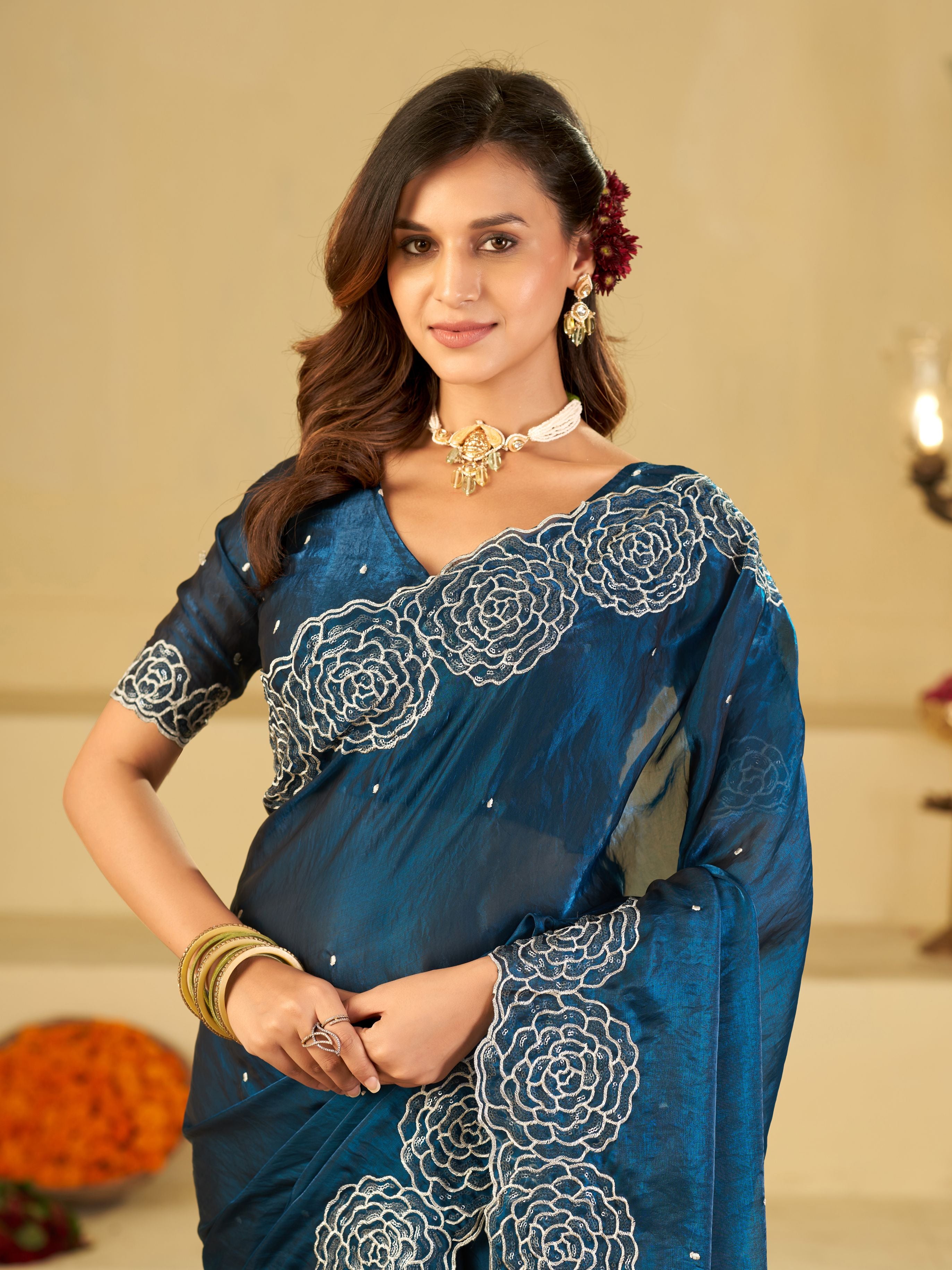 Royal Blue Fendy Satin Saree with White Floral Embroidery Border | Elegant Designer Party Wear Saree with Blouse