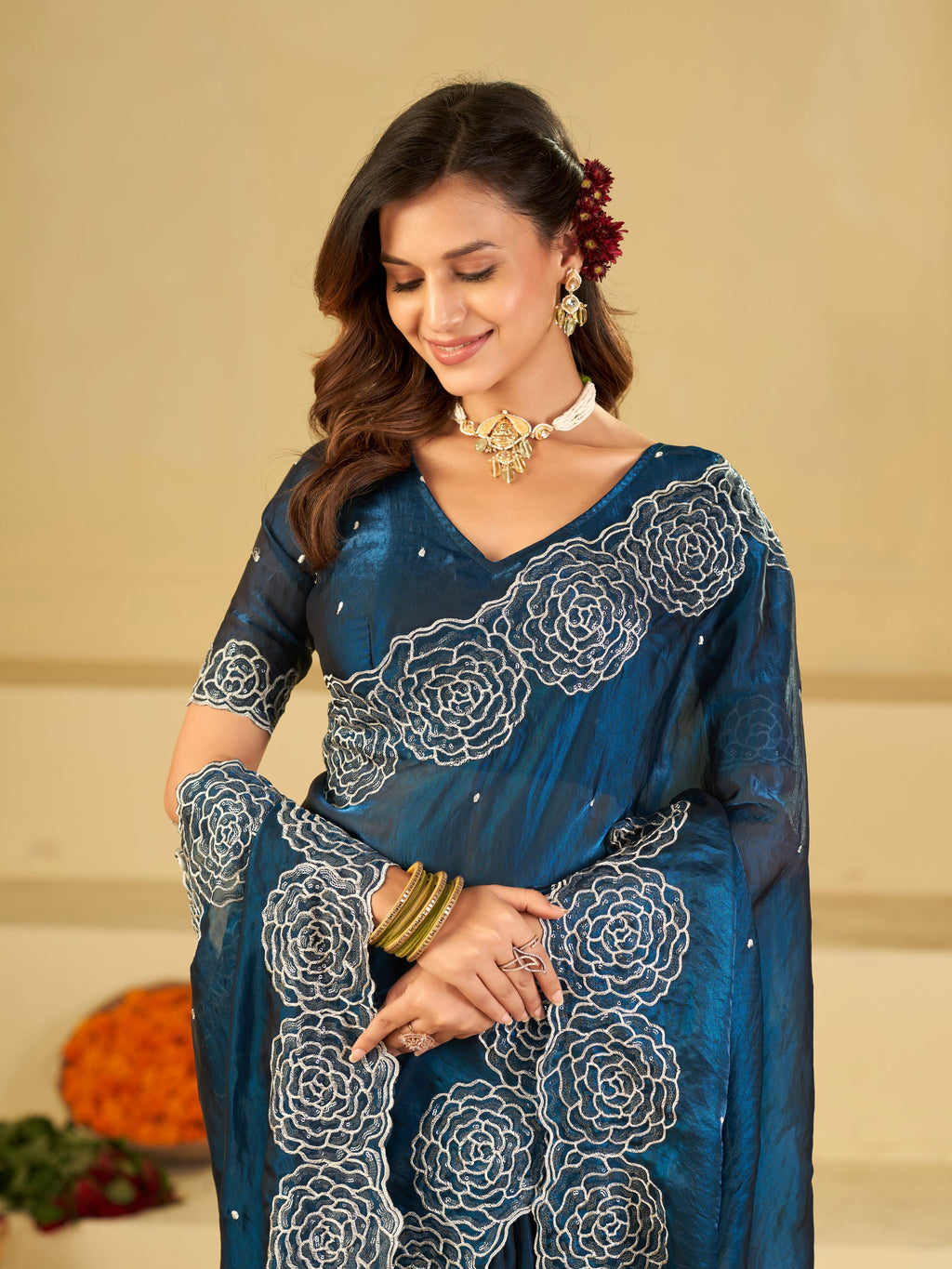 Royal Blue Fendy Satin Saree with White Floral Embroidery Border | Elegant Designer Party Wear Saree with Blouse