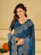 Royal Blue Fendy Satin Saree with White Floral Embroidery Border | Elegant Designer Party Wear Saree with Blouse