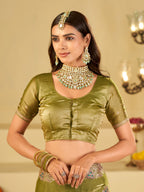 Olive Green Designer Fendy Satin Saree with Heavy Embroidered Border | Elegant Festive Party Wear Saree with Intricate Embroidery & Matching Blouse