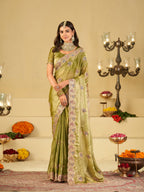 Olive Green Designer Fendy Satin Saree with Heavy Embroidered Border | Elegant Festive Party Wear Saree with Intricate Embroidery & Matching Blouse