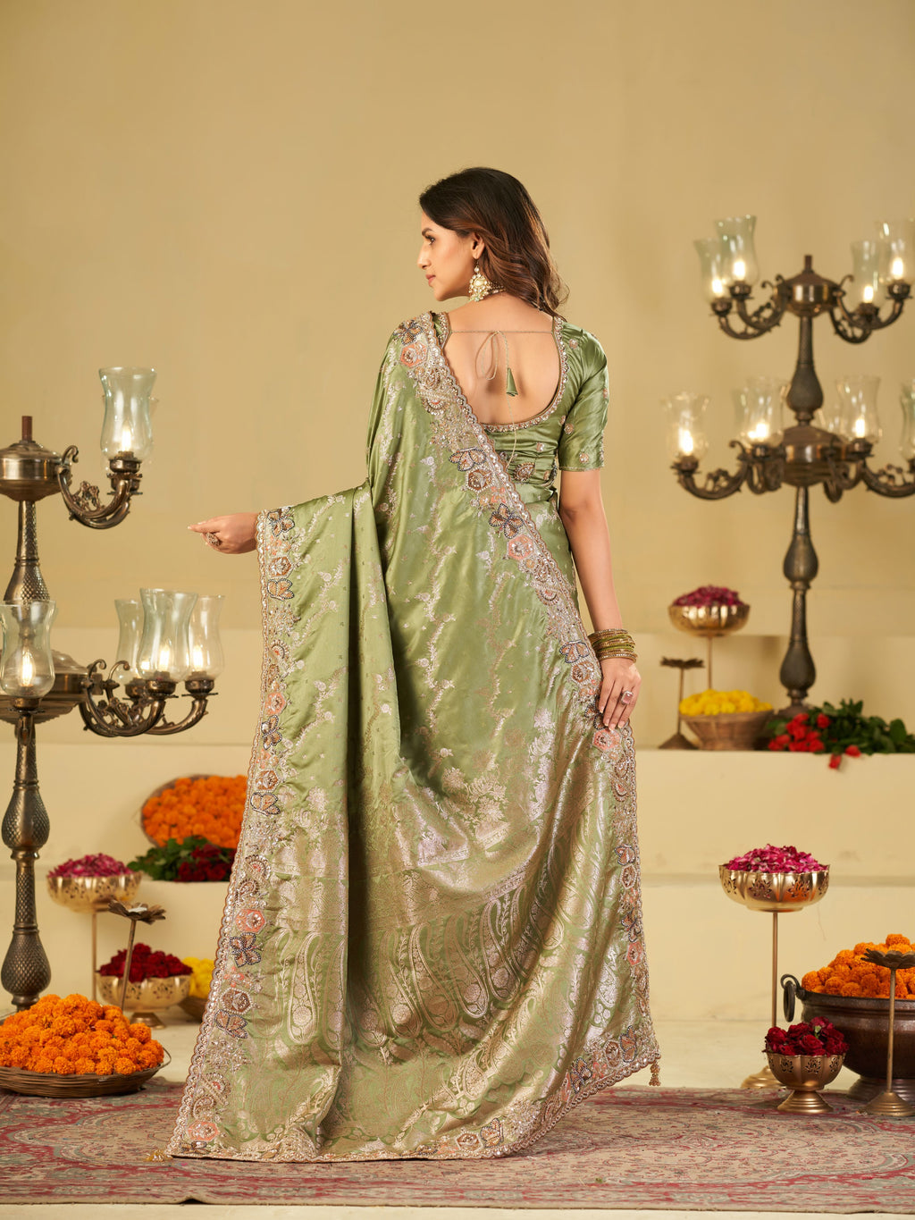 Olive Green Banarasi Silk Saree with Heavy Embroidered Border & Rich Zari Woven Pallu | Designer Wedding & Festive Saree