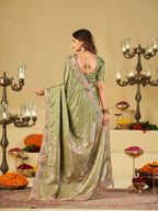 Olive Green Banarasi Silk Saree with Heavy Embroidered Border & Rich Zari Woven Pallu | Designer Wedding & Festive Saree