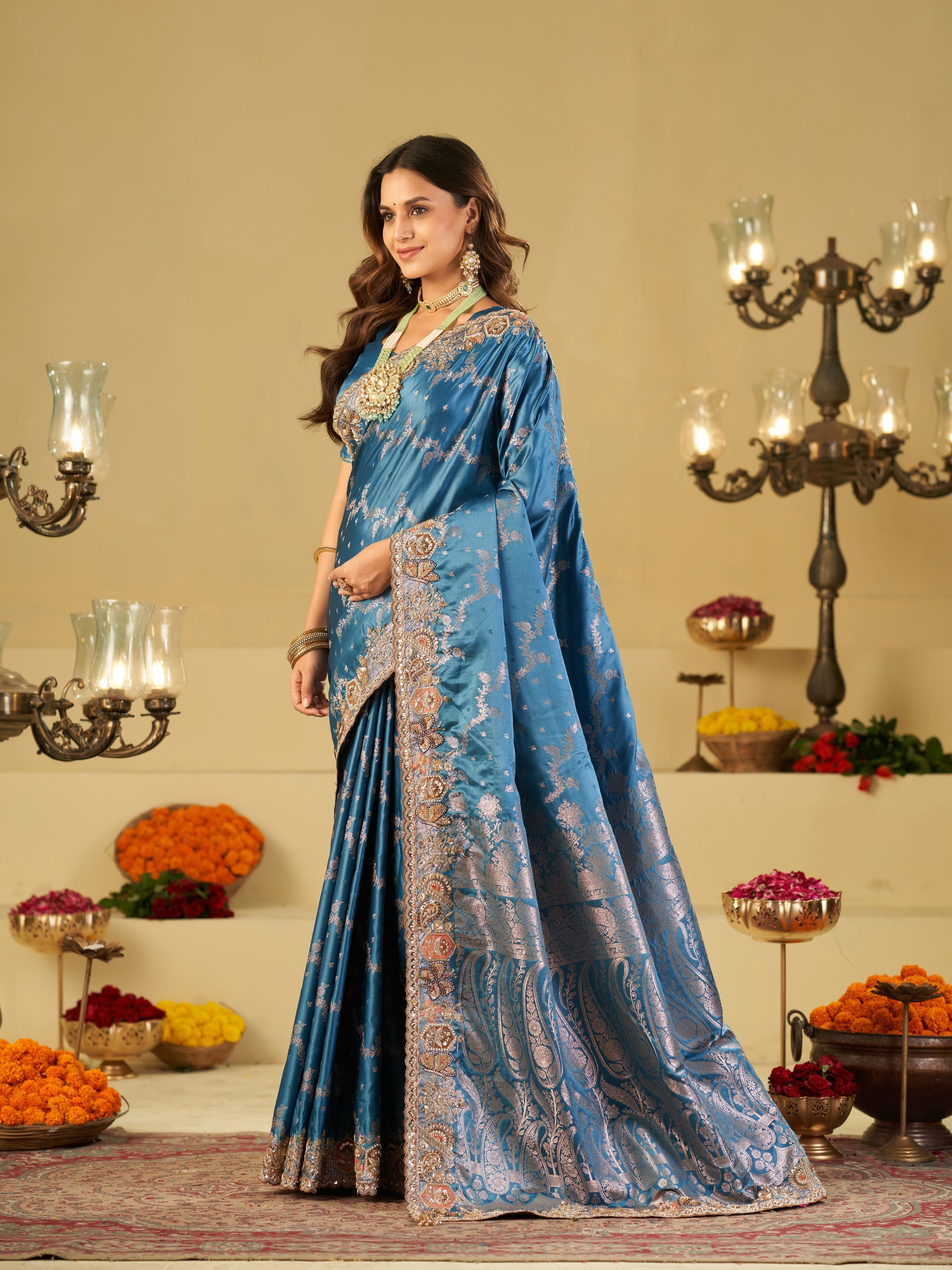 Sky Blue Banarasi Silk Saree with Heavy Embroidered Border & Rich Zari Woven Pallu | Designer Wedding & Festive Saree