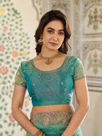 Aqua Green Fendy Satin Embroidered Saree with Paisley Motifs & Zari Border | Designer Festive Saree with Tassels & Heavy Embroidered Blouse