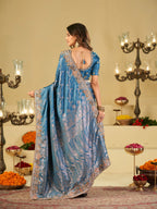 Sky Blue Banarasi Silk Saree with Heavy Embroidered Border & Rich Zari Woven Pallu | Designer Wedding & Festive Saree